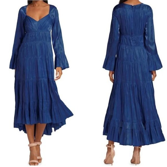 New Cinq à Sept Nina Tiered Satin Blue Eclipse Cocktail Midi Dress NWT Size 4 - Picture 1 of 11